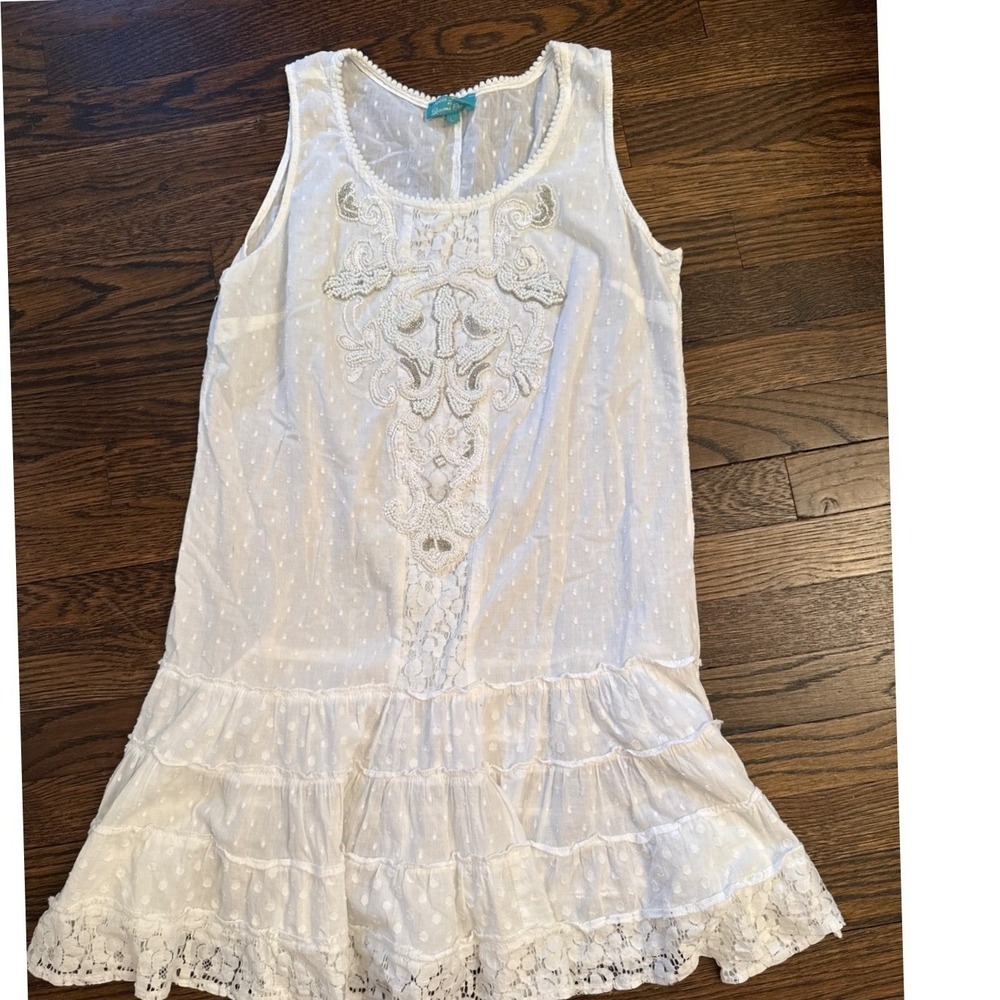 Antica Santoria Bathing suit cover up Womens Large White Beaded Swiss Dot Ruffle